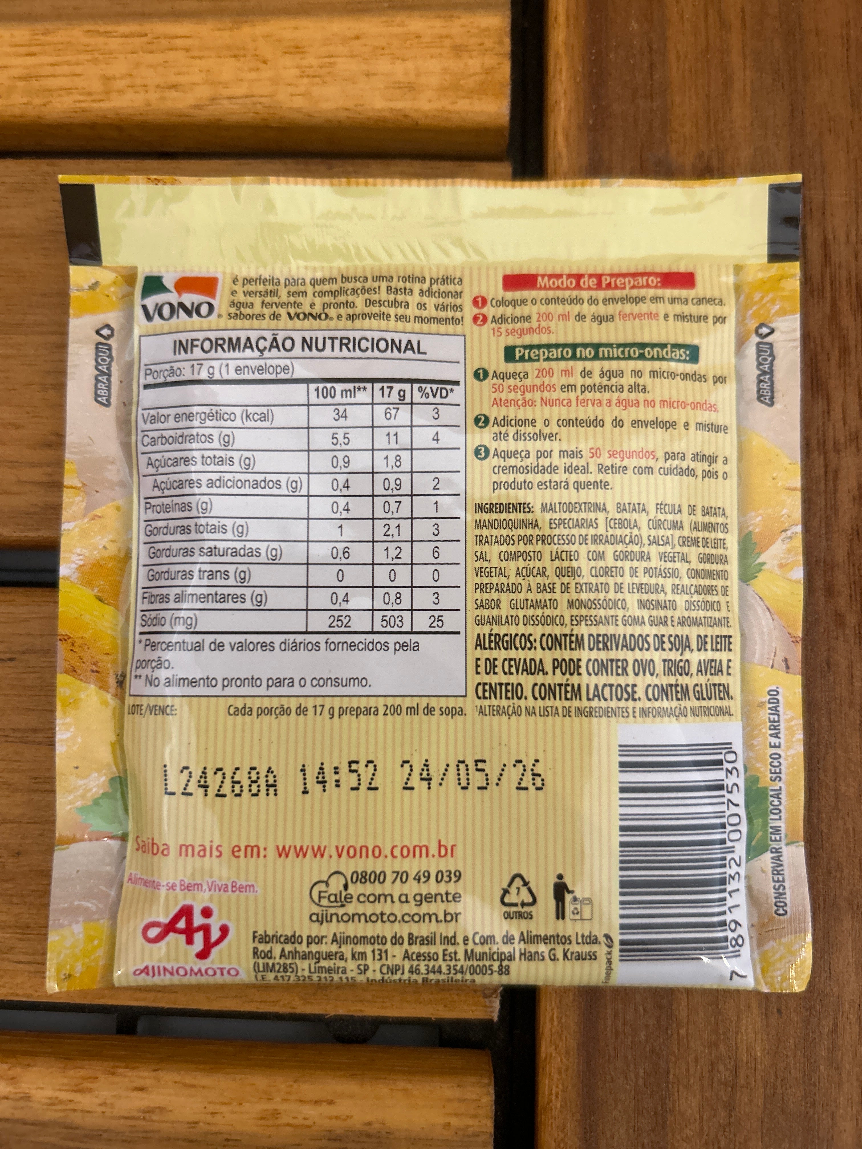 Soupe Crémeuse saveur Manioc avec Oignon et Persil a l'unité (Sopa Cremosa Vono sabor Mandioquinha com Cebola e Salsa unidade - VONO - 17g