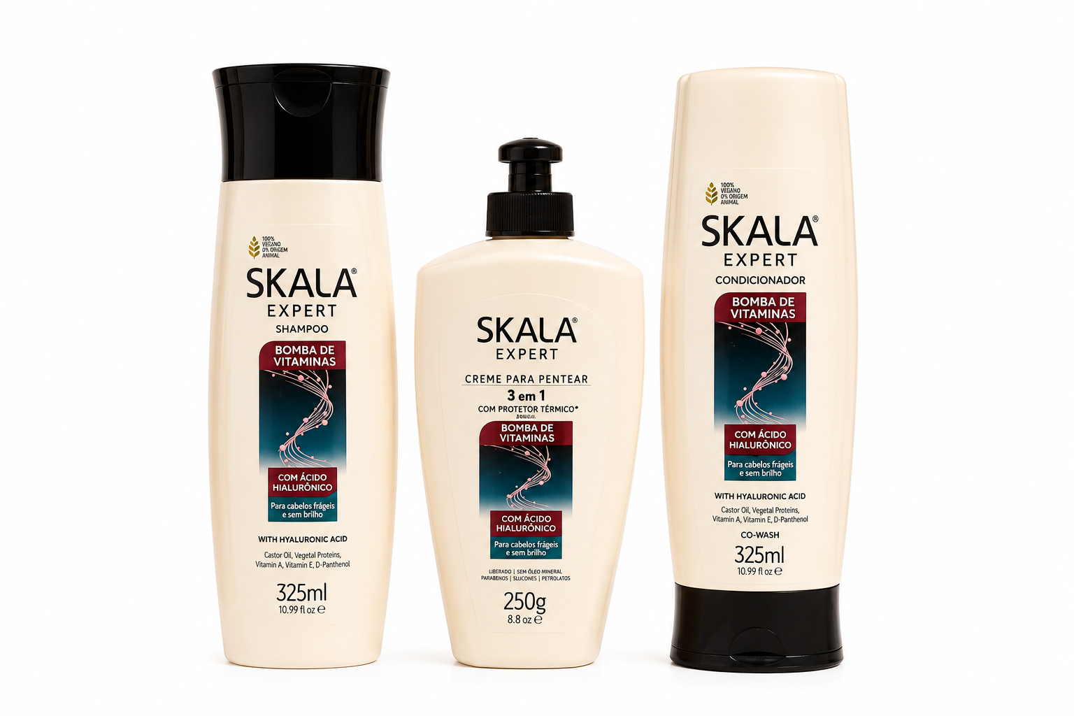 Lot Shampooing + Après-shampooing + Crème Coiffante Bombe de Vitamines à l'Acide Hyaluronique (Kit Shampoo + Condicionador + Creme para Pentear Bomba de Vitaminas com Ácido Hialurônico) - SKALA - 325ml + 325ml + 250g