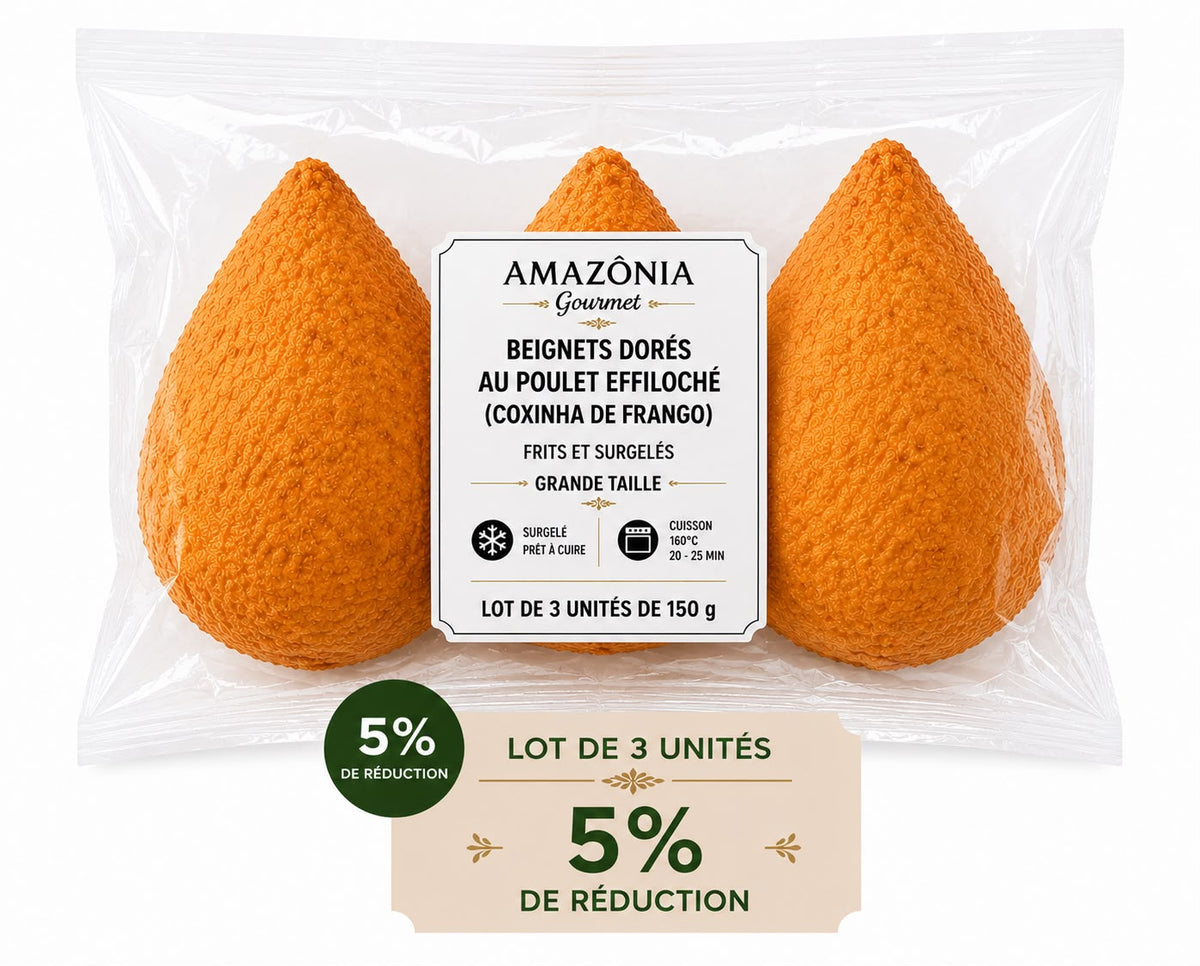 Frittelle dorate di pollo sfilacciato (Coxinha de Frango) – fritte e surgelate – Formato grande – Confezione da 3 – 3 pezzi da 150 g (450 g)