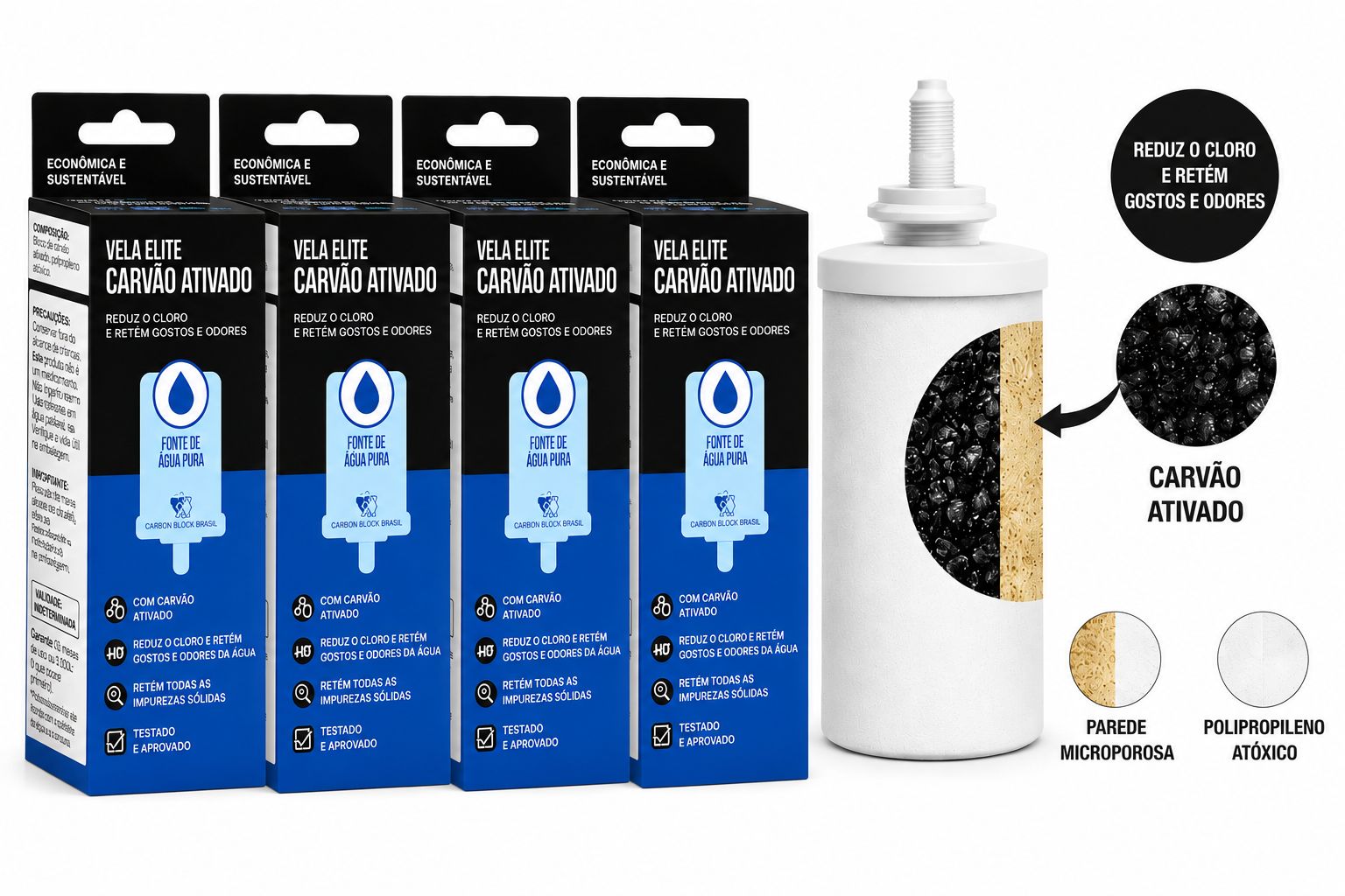 Lot de 4 Cartouches pour Filtre en Argile charbon actif (Vela para Filtro de Barro carvão Ativado) - ELITE