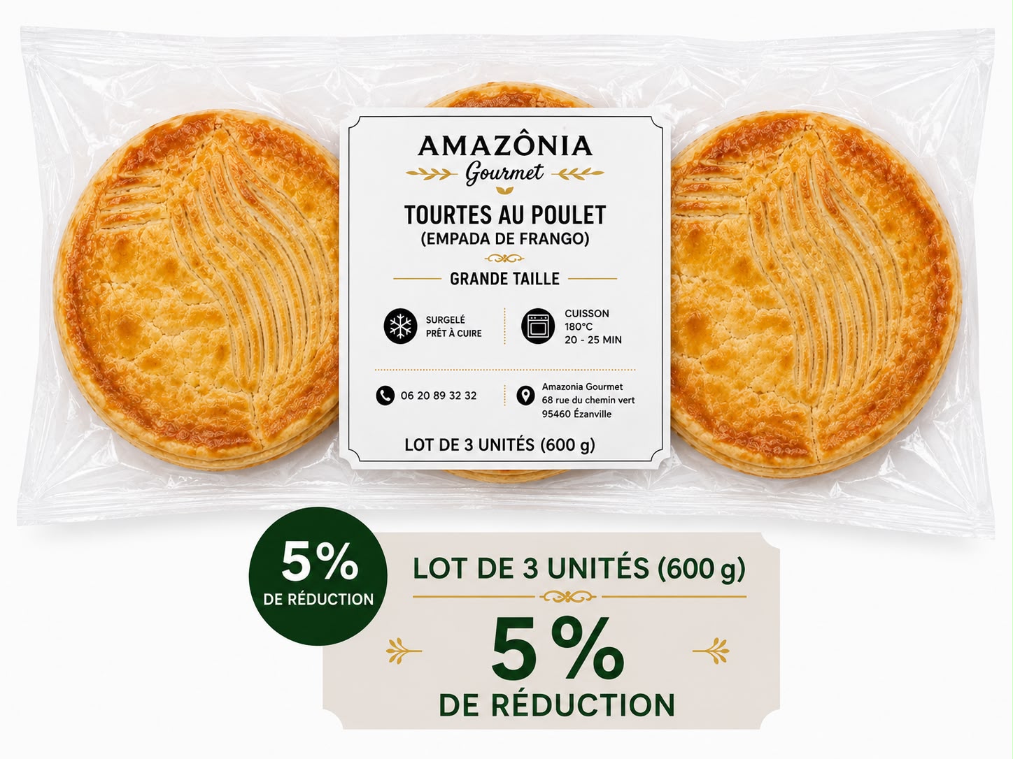 Chicken pies (Empada de frango) – Large Size – Pack of 3 – 3 units of 200g (600 g)