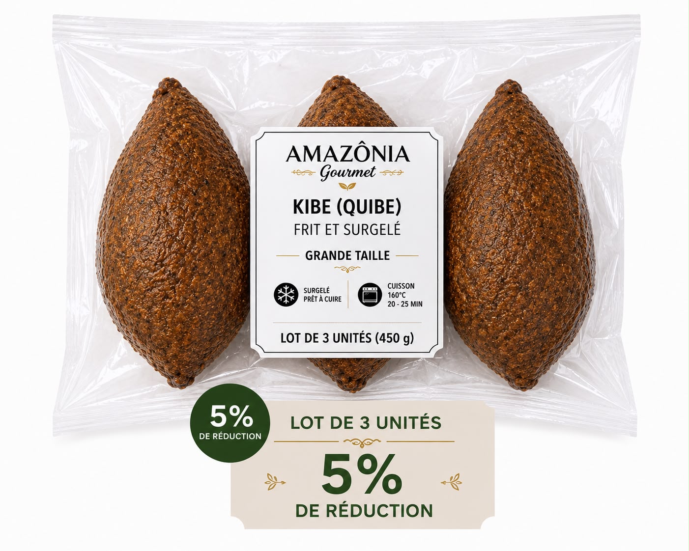 Fried and frozen kibbeh (Quibe) – Large size – Pack of 3 – 3 units (450 g)