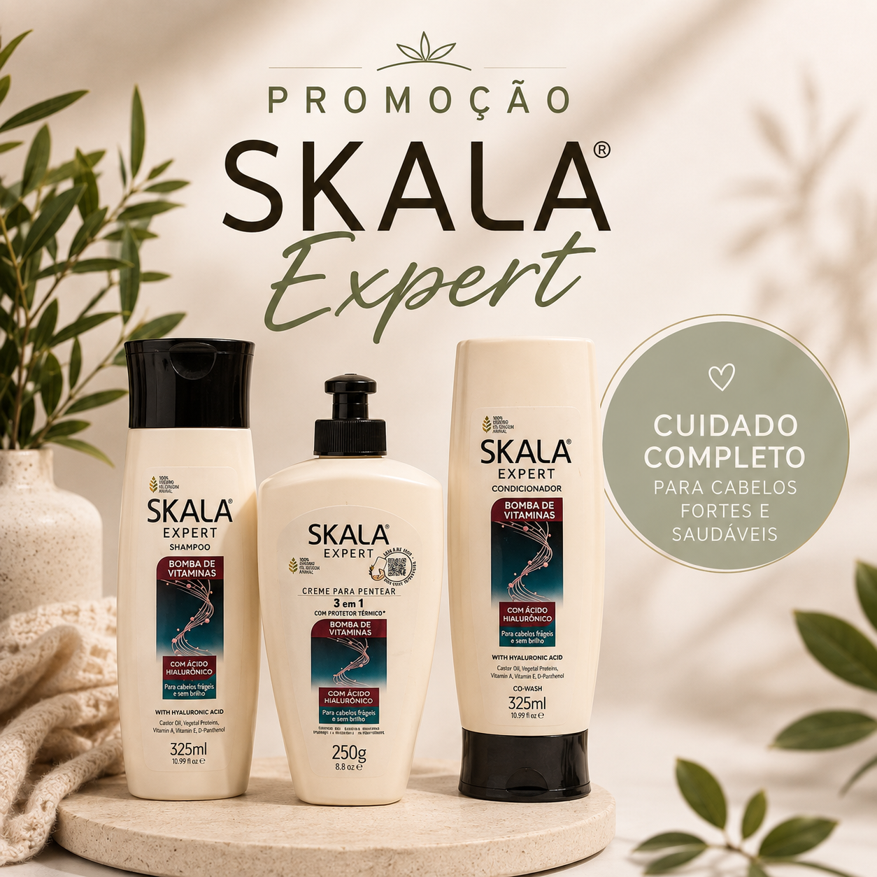 Lot Shampooing + Après-shampooing + Crème Coiffante Bombe de Vitamines à l'Acide Hyaluronique (Kit Shampoo + Condicionador + Creme para Pentear Bomba de Vitaminas com Ácido Hialurônico) - SKALA - 325ml + 325ml + 250g