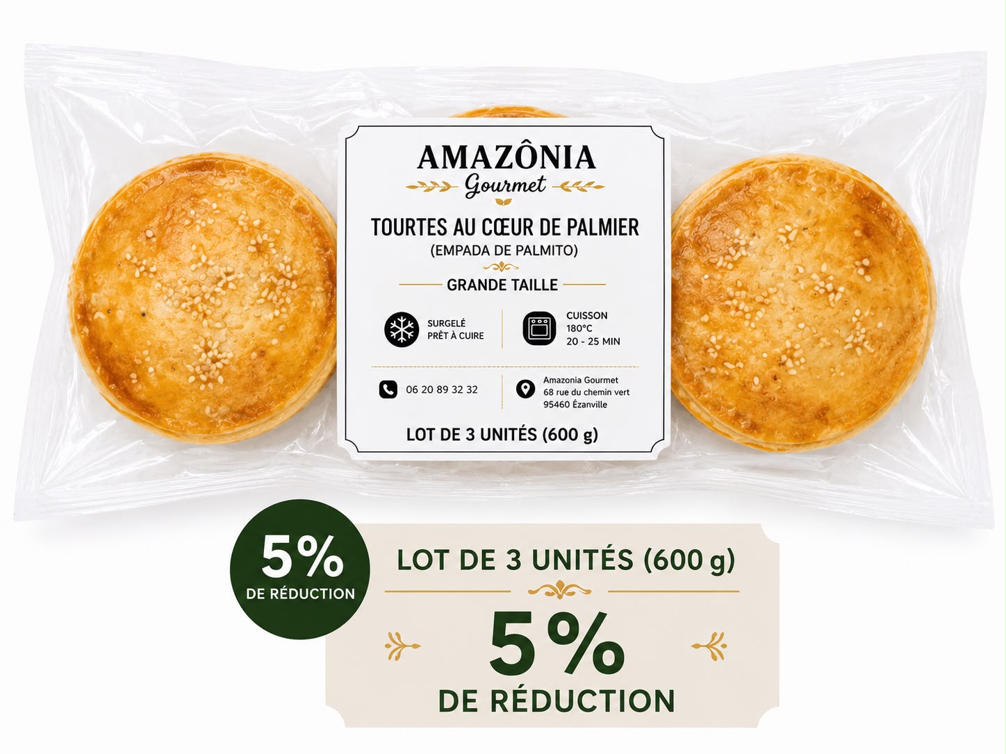 Palm heart pies (Empada de palmito) – Large Size – Pack of 3 – 3 units of 200 g (600 g)